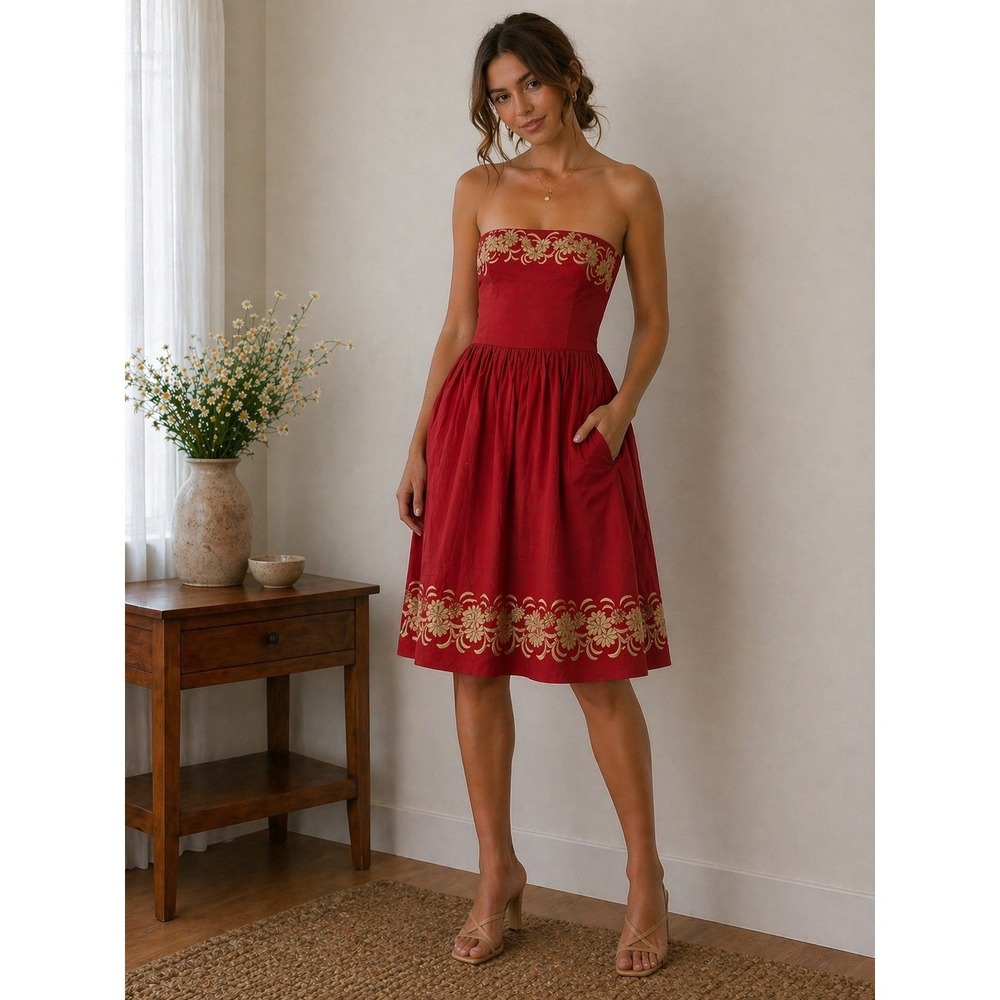 Girls‎ from Savoy Dress Womens 2 Red Strapless Floral Embroidered Fit Flare